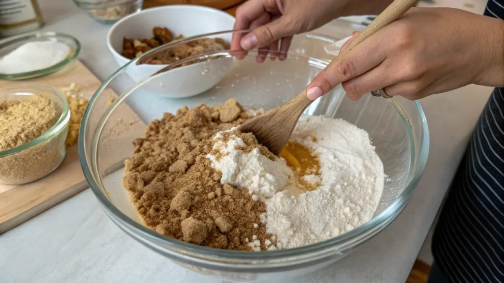 Hands mixing coffee cake crumb topping in a glass bowl.