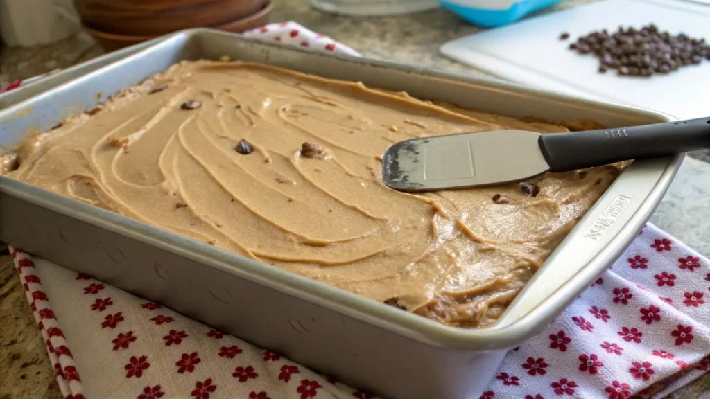 Coffee cake batter with cinnamon swirl layer in a baking pan.