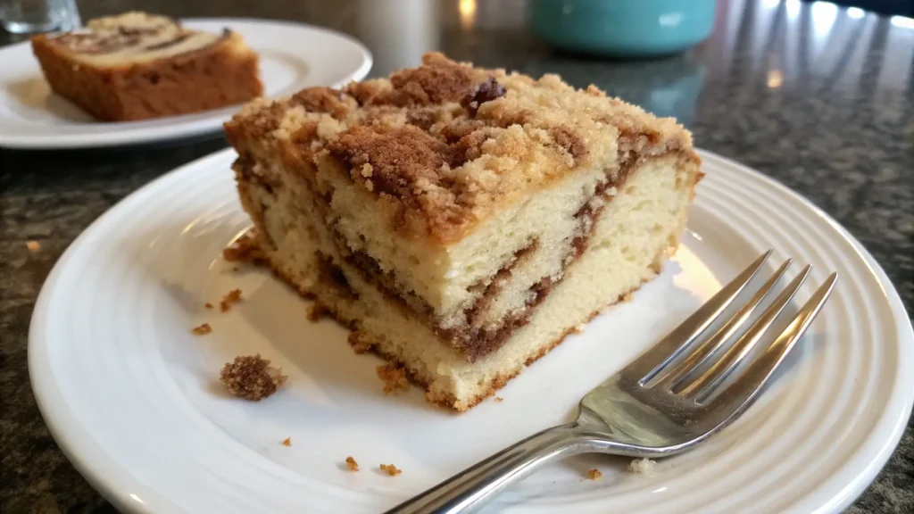Slice of coffee cake with cinnamon swirl and crumb topping on a plate.