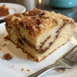 Slice of coffee cake with cinnamon swirl and crumb topping on a plate.