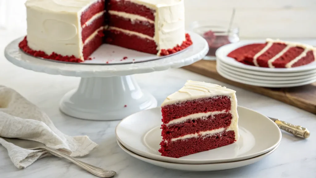 Whole red velvet cake with cream cheese frosting on a white cake stand