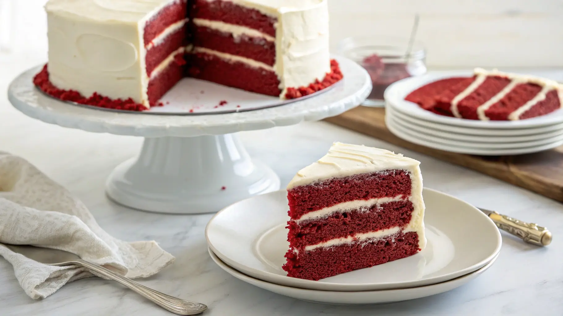 Whole red velvet cake with cream cheese frosting on a white cake stand