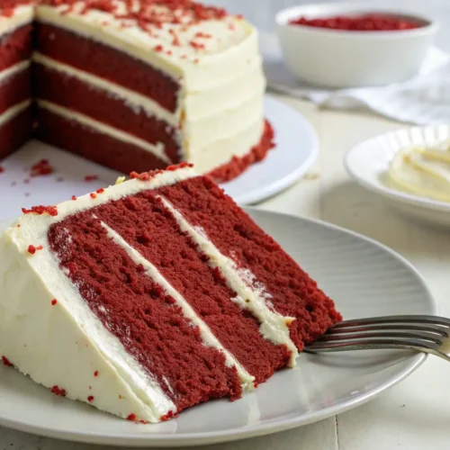 Sliced red velvet cake with a piece on a plate