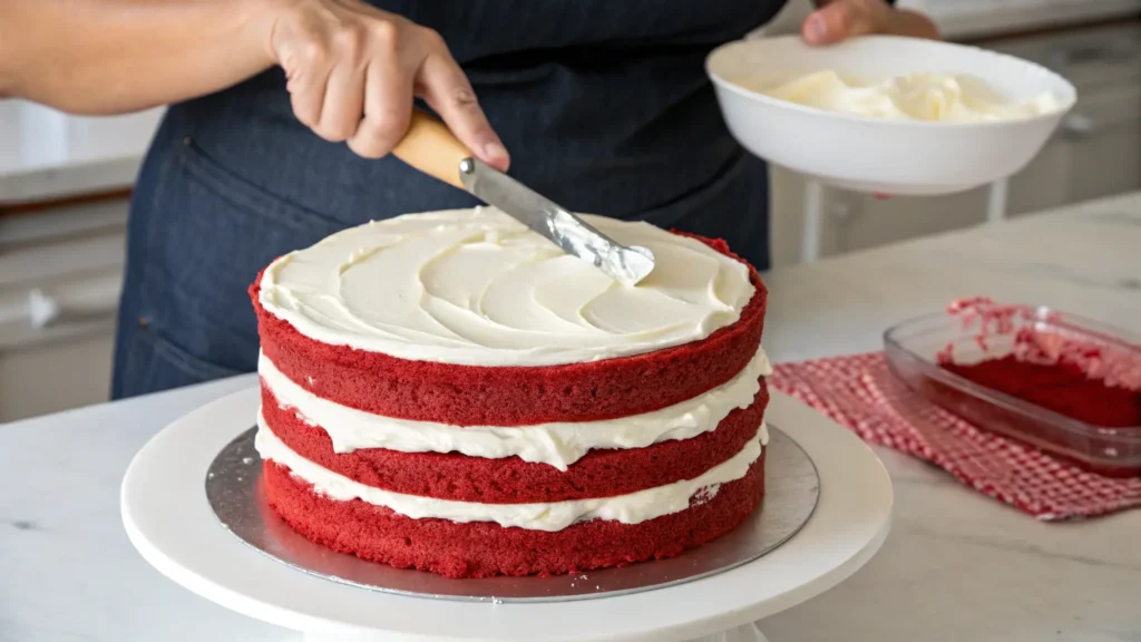 Frosting a red velvet cake layer with cream cheese frosting