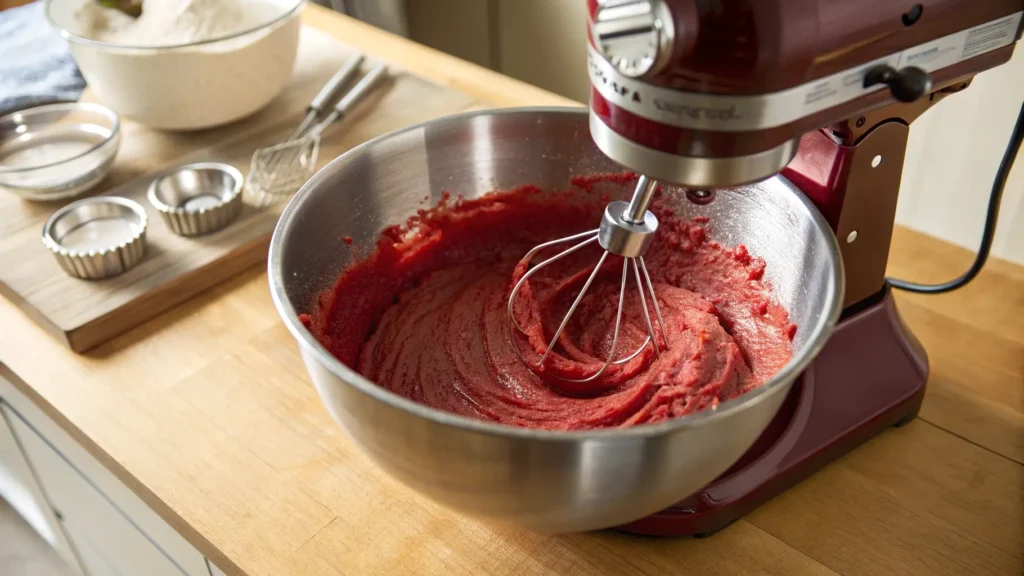 Stand mixer blending red velvet cake batter in a bowl