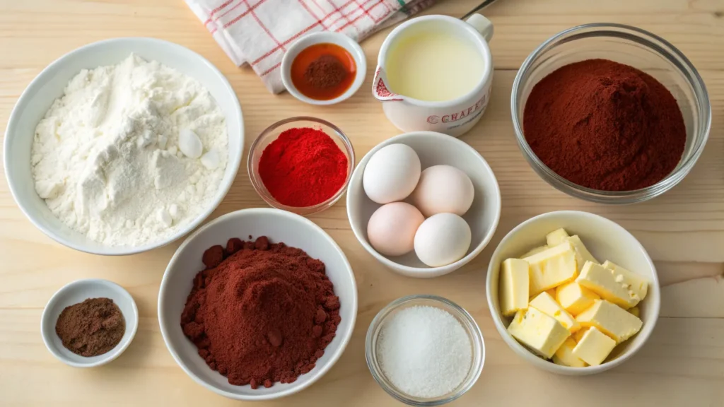 Ingredients for red velvet cake recipe arranged on a wooden countertop