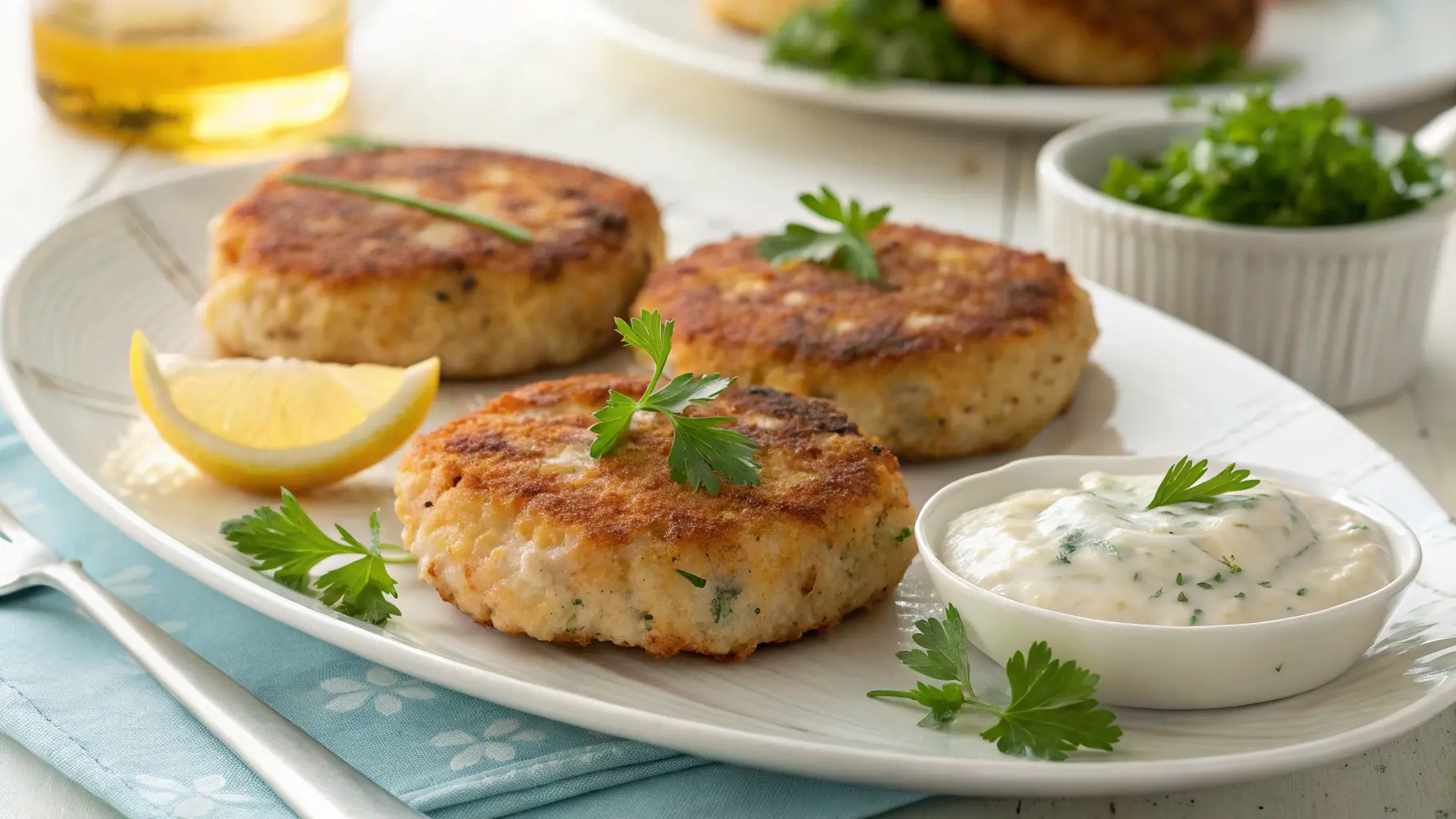 Golden-brown salmon cakes on a plate with tartar sauce and lemon wedge.