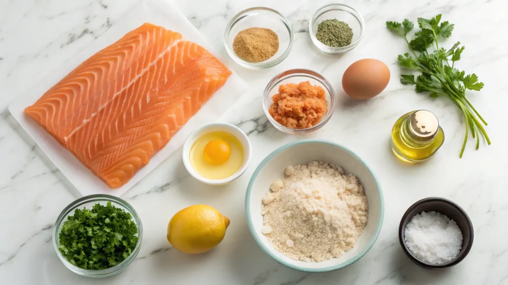 Ingredients for salmon cake recipe including salmon, panko bread crumbs, and lemon.