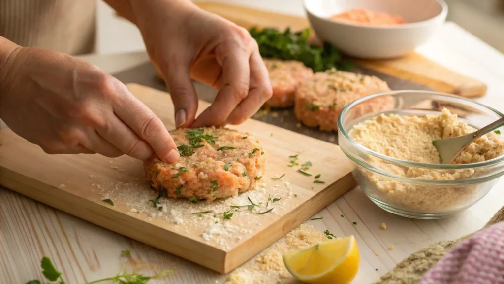 Hands shaping a salmon cake patty for salmon cake recipe.