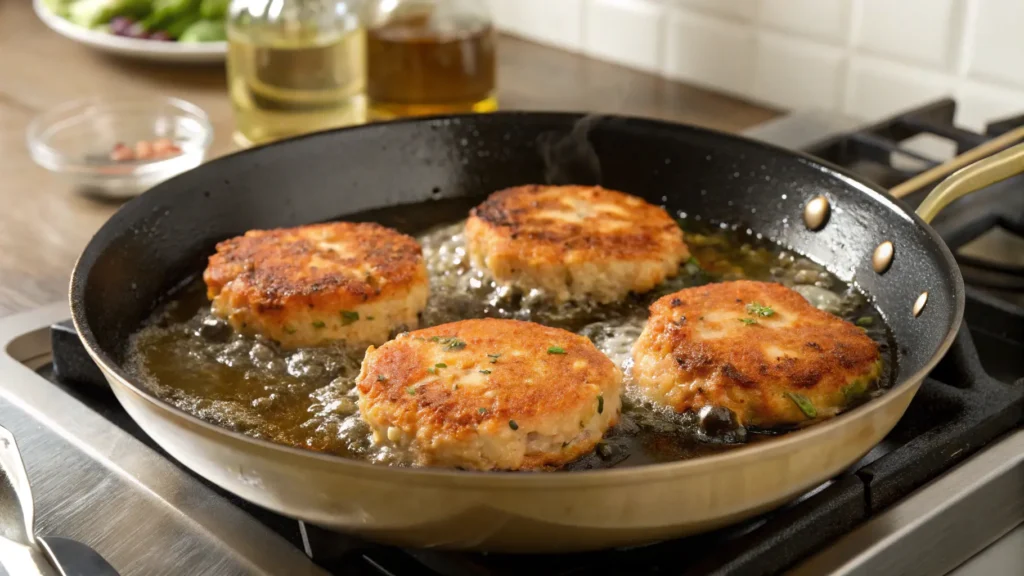 Salmon cakes frying in a skillet until golden brown.