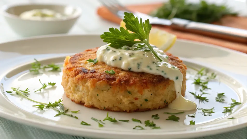 Single salmon cake with tartar sauce for salmon cake recipe.