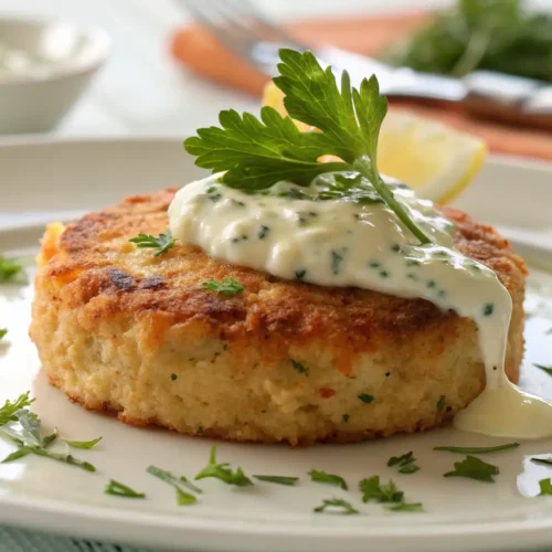 Single salmon cake with tartar sauce for salmon cake recipe.