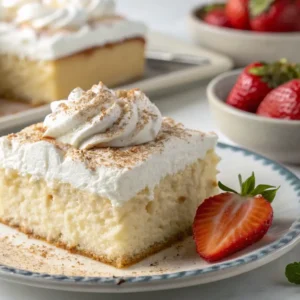 Whole tres leches cake with whipped cream and cinnamon.