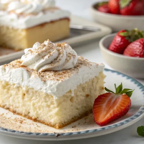 Whole tres leches cake with whipped cream and cinnamon.