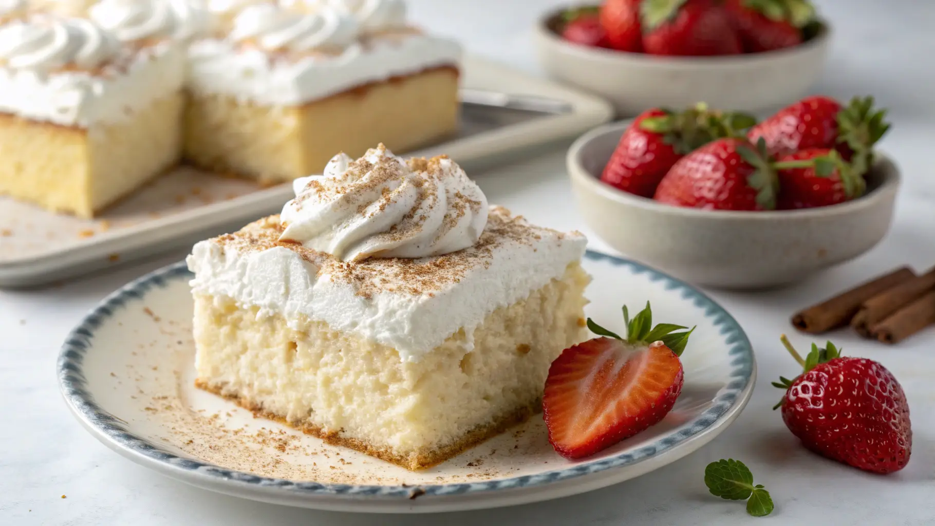 Whole tres leches cake with whipped cream and cinnamon.