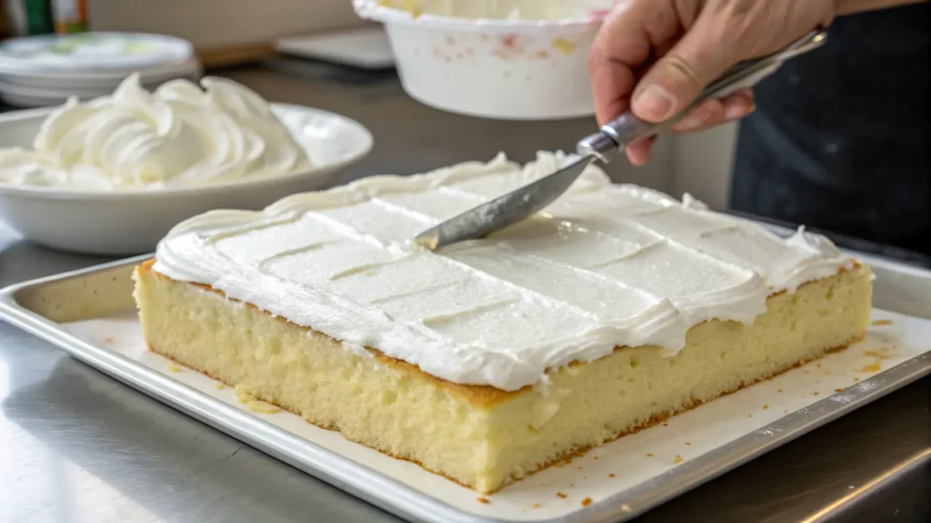 Spreading whipped cream topping on tres leches cake with cinnamon dusting.