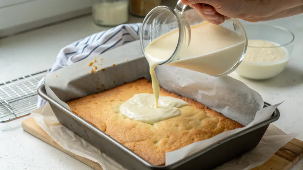 Pouring milk mixture over tres leches sponge cake in a pan.