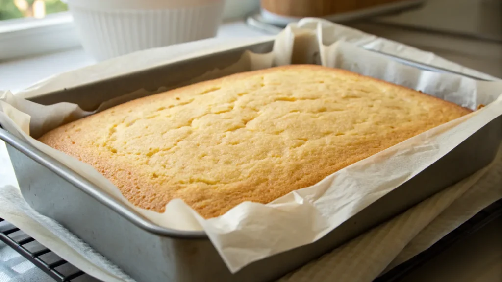 Poking holes in a baked tres leches sponge cake with a fork.