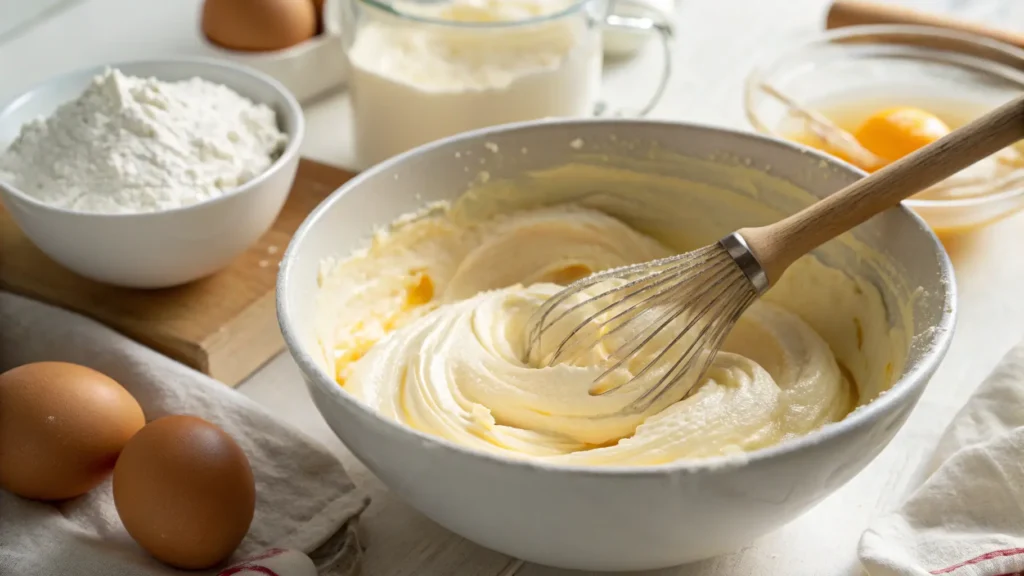Mixing tres leches cake batter with a wooden spatula in a bowl.