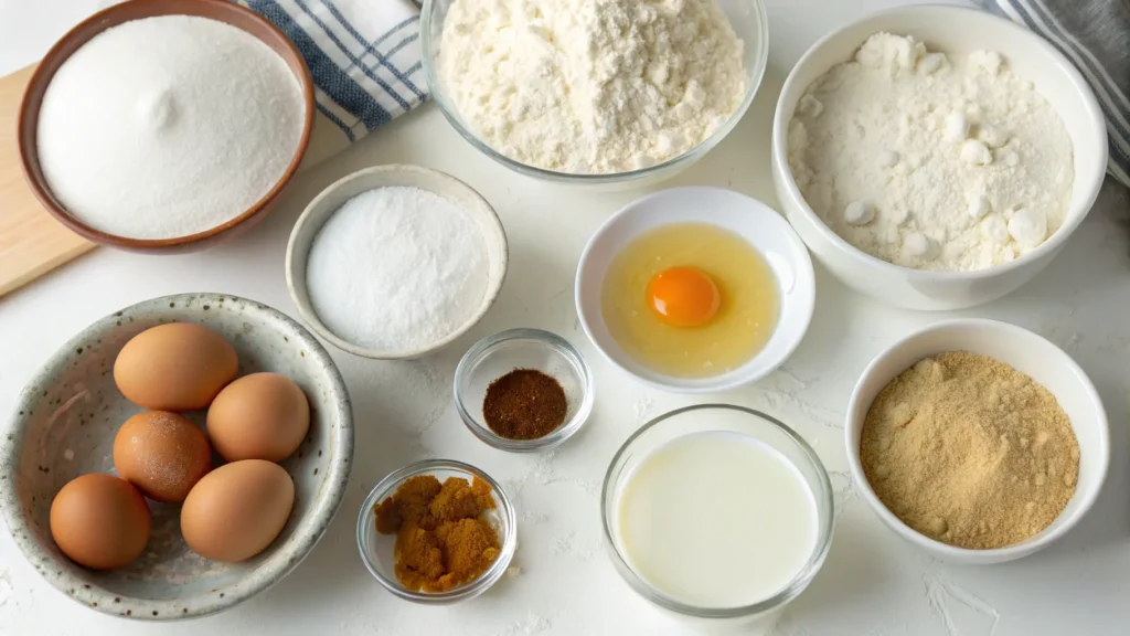 Ingredients for tres leches cake recipe arranged on a kitchen counter.