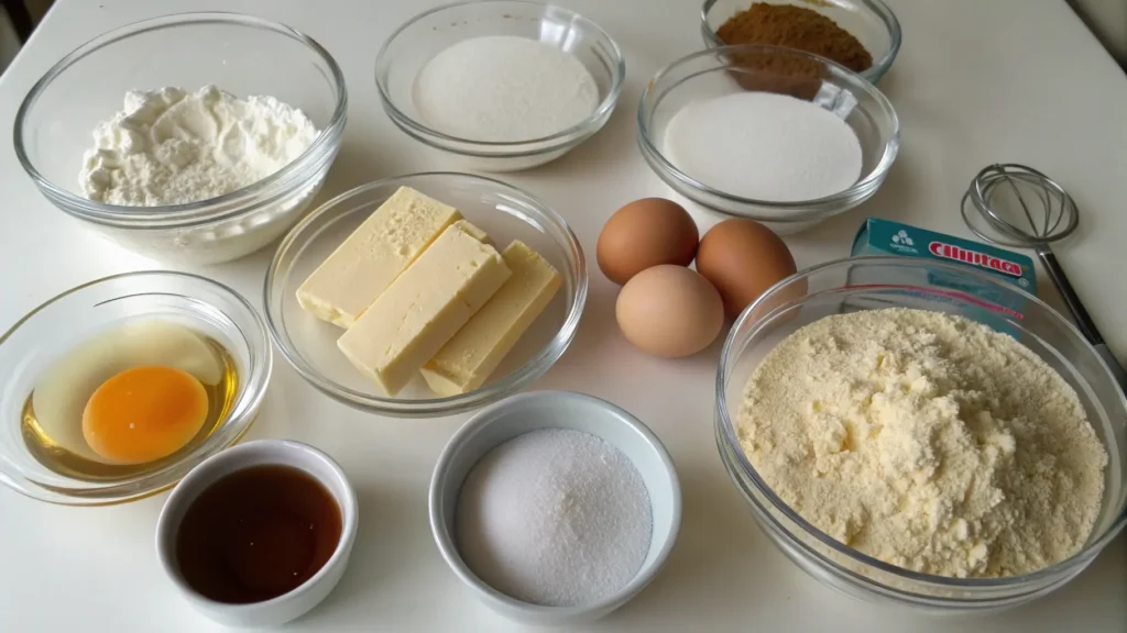 Ingredients for vanilla cake recipe on a white countertop