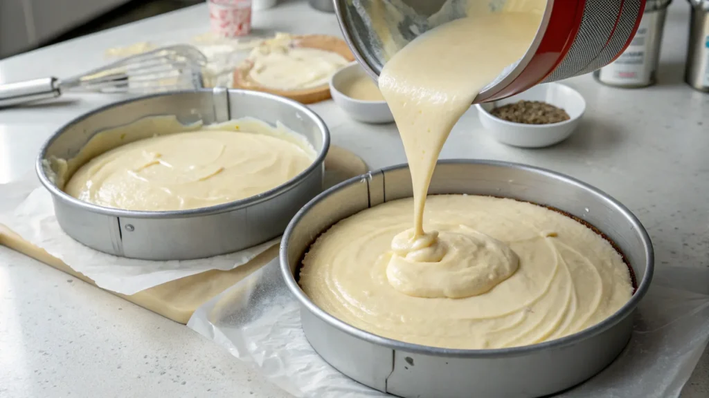 Vanilla cake batter in greased 9-inch round cake pans