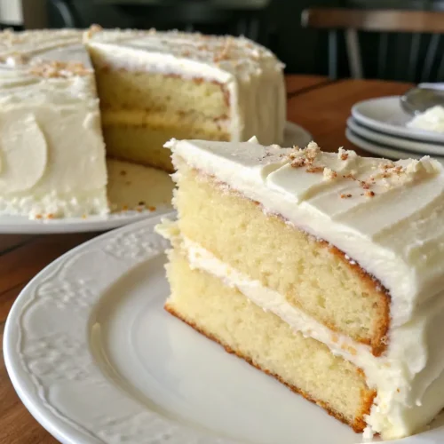 Moist vanilla layer cake with buttercream frosting on a wooden table