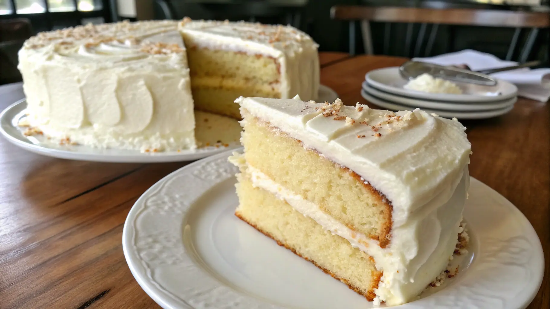 Moist vanilla layer cake with buttercream frosting on a wooden table