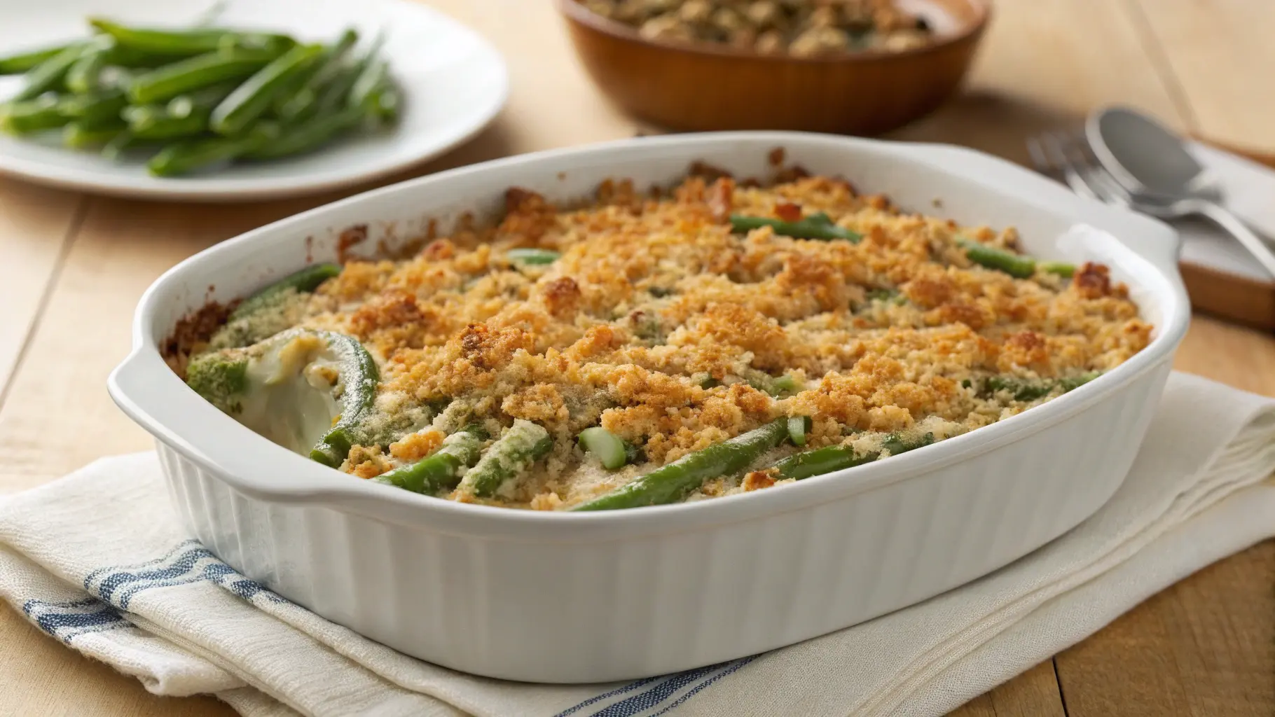 Golden-brown green bean casserole in a white dish with crispy onions on a wooden table.