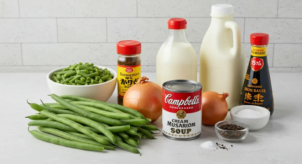 Fresh green beans, cream of mushroom soup, French-fried onions, milk, soy sauce, and black pepper on a white countertop.