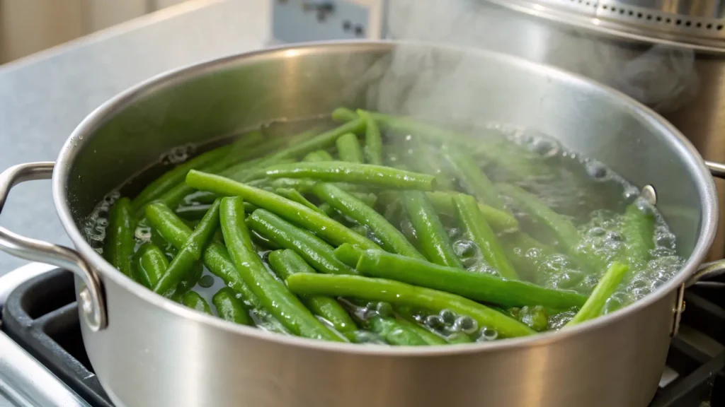 Bright green beans blanching in a pot of boiling water with steam rising.