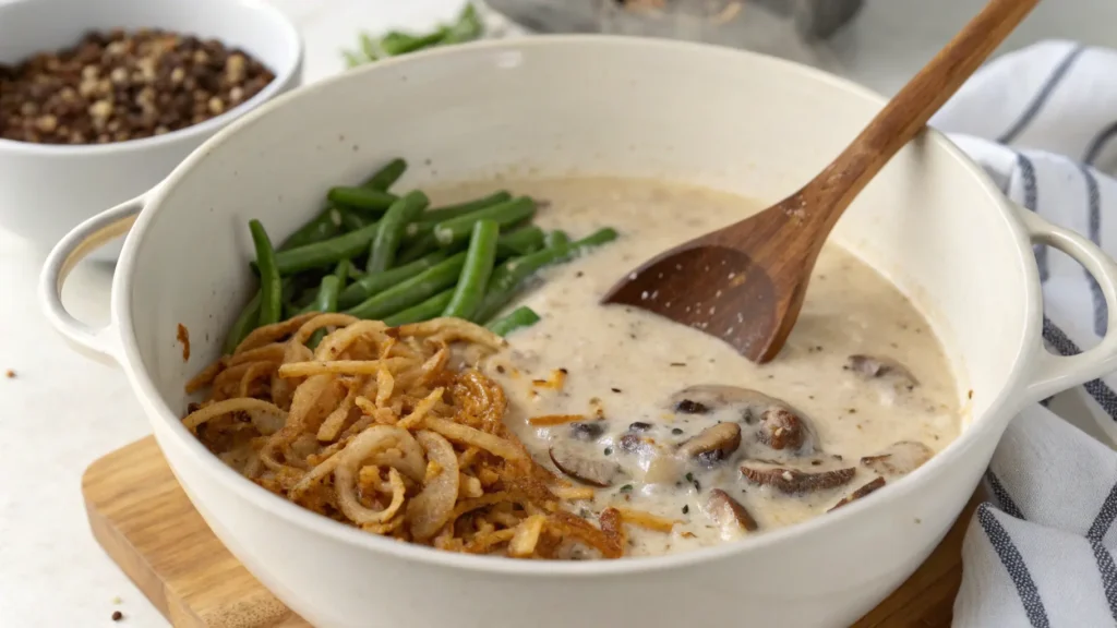 Cream of mushroom soup, milk, soy sauce, onions, and green beans mixed in a white bowl with a wooden spoon.