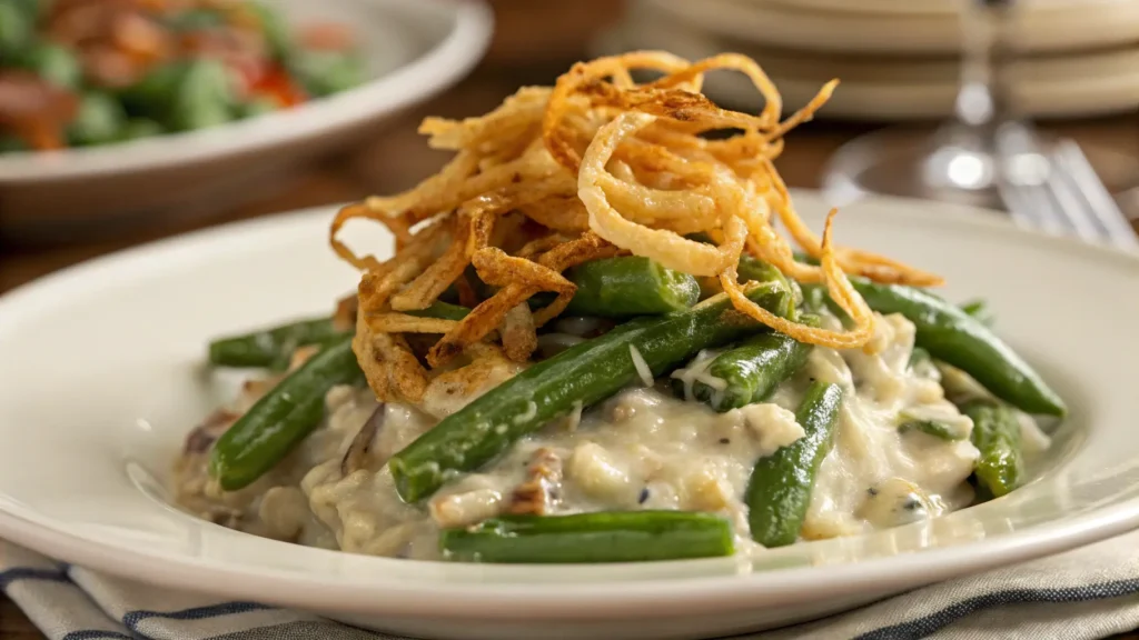 Close-up of green bean casserole on a white plate with creamy beans and crispy onions.