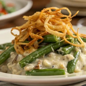 Close-up of green bean casserole on a white plate with creamy beans and crispy onions.