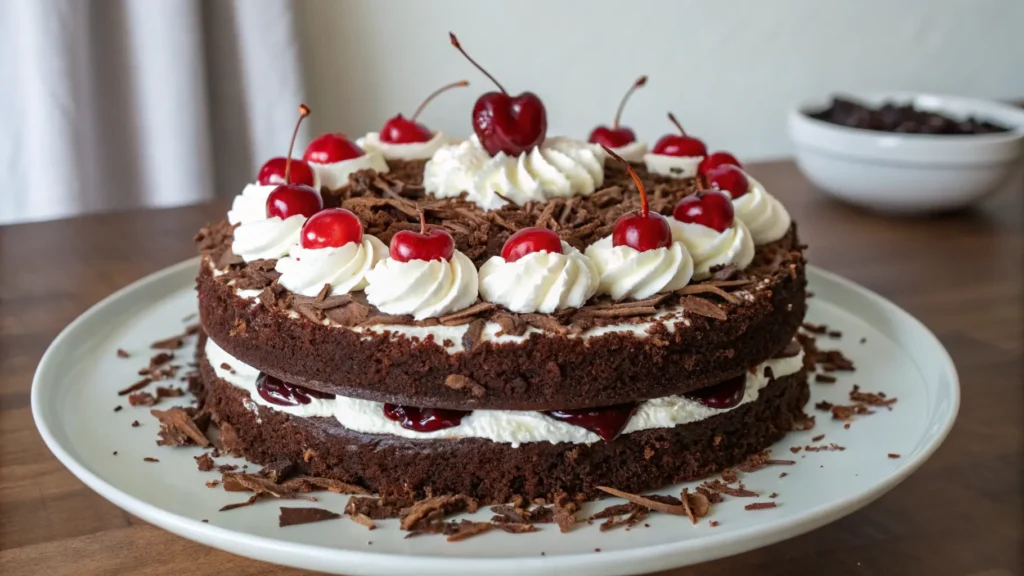 A multi-layered Black Forest cake with chocolate layers, whipped cream, cherry filling, and topped with cherries and chocolate shavings.