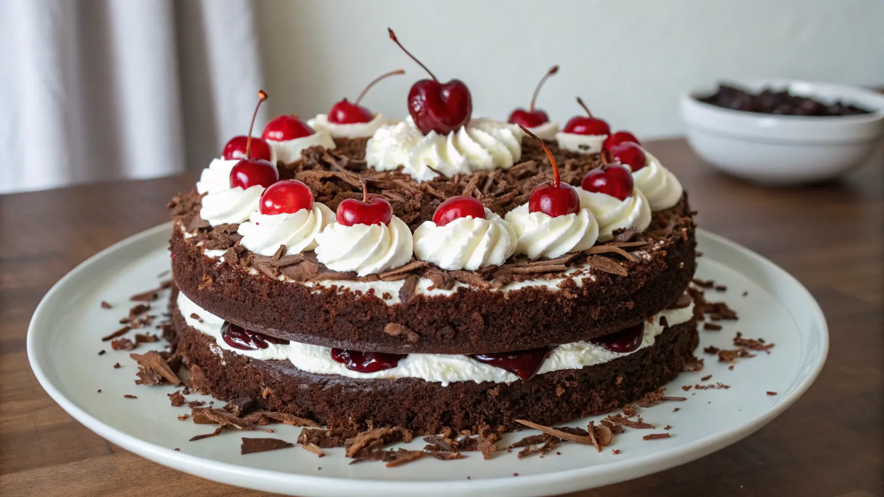 A multi-layered Black Forest cake with chocolate layers, whipped cream, cherry filling, and topped with cherries and chocolate shavings.
