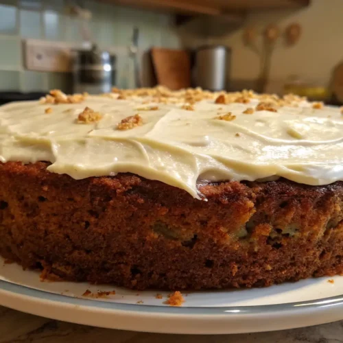 A homemade carrot cake with cream cheese frosting and chopped nuts, served on a decorative plate.