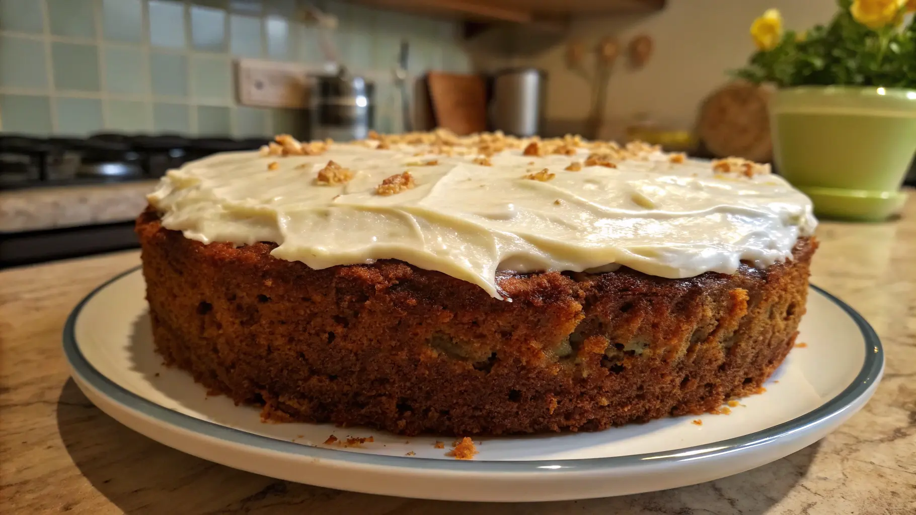 A homemade carrot cake with cream cheese frosting and chopped nuts, served on a decorative plate.