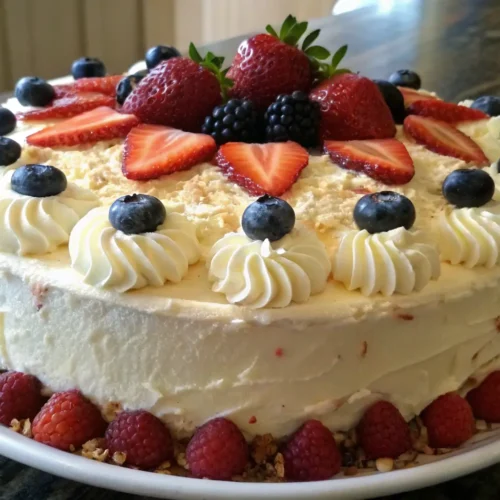 A Chantilly cake topped with whipped cream frosting, fresh strawberries, blueberries, blackberries, and raspberries, served on a white plate.