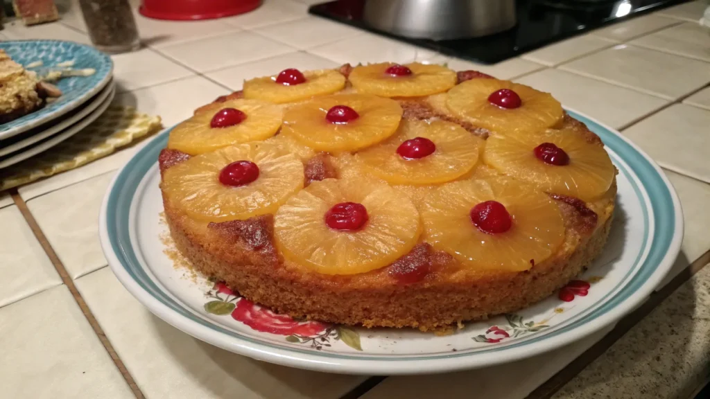 A homemade pineapple upside-down cake with pineapple rings and red cherries on top, served on a decorative plate.