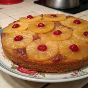 A homemade pineapple upside-down cake with pineapple rings and red cherries on top, served on a decorative plate.