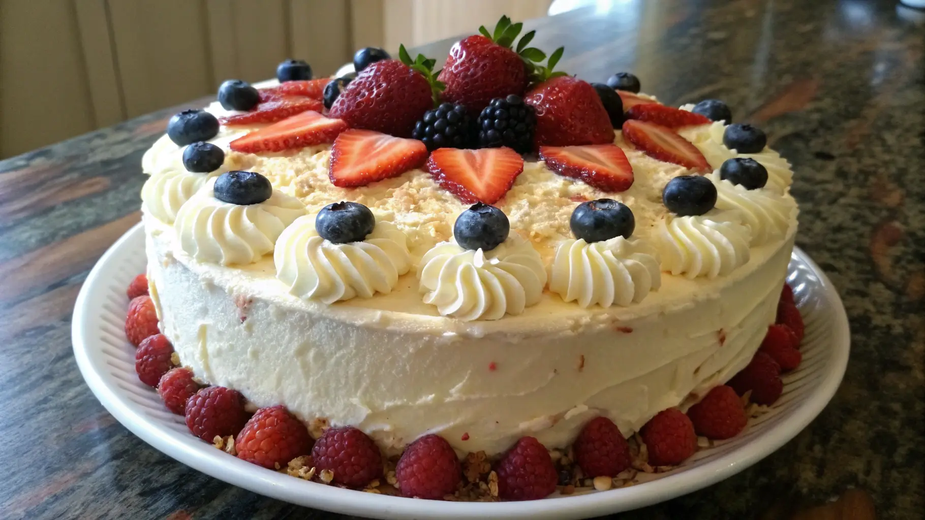 A Chantilly cake topped with whipped cream frosting, fresh strawberries, blueberries, blackberries, and raspberries, served on a white plate.