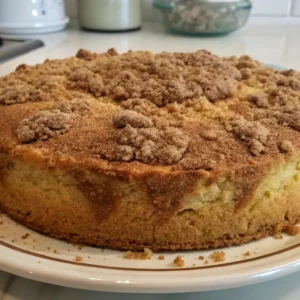 A homemade coffee cake with a crumbly cinnamon topping, served on a decorative plate.