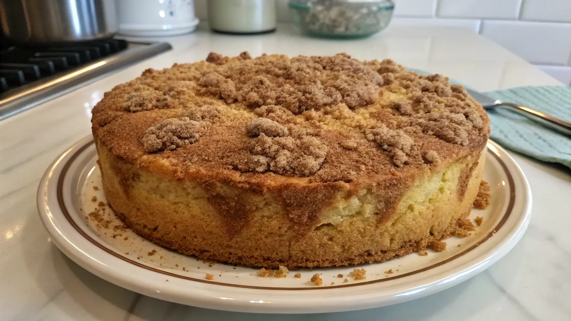 A homemade coffee cake with a crumbly cinnamon topping, served on a decorative plate.
