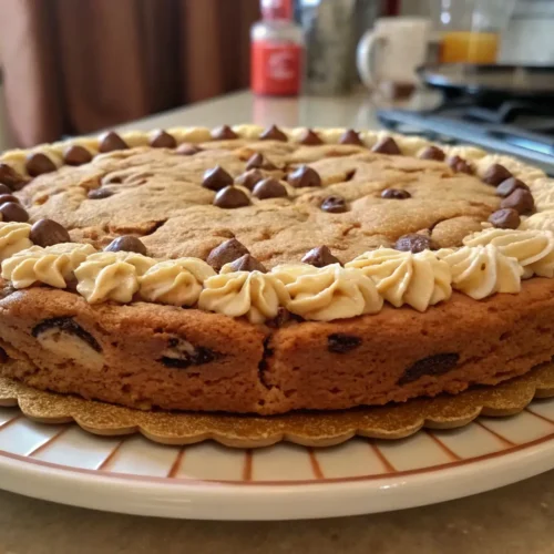 A homemade cookie cake with chocolate chips and a creamy frosting border, served on a decorative plate.