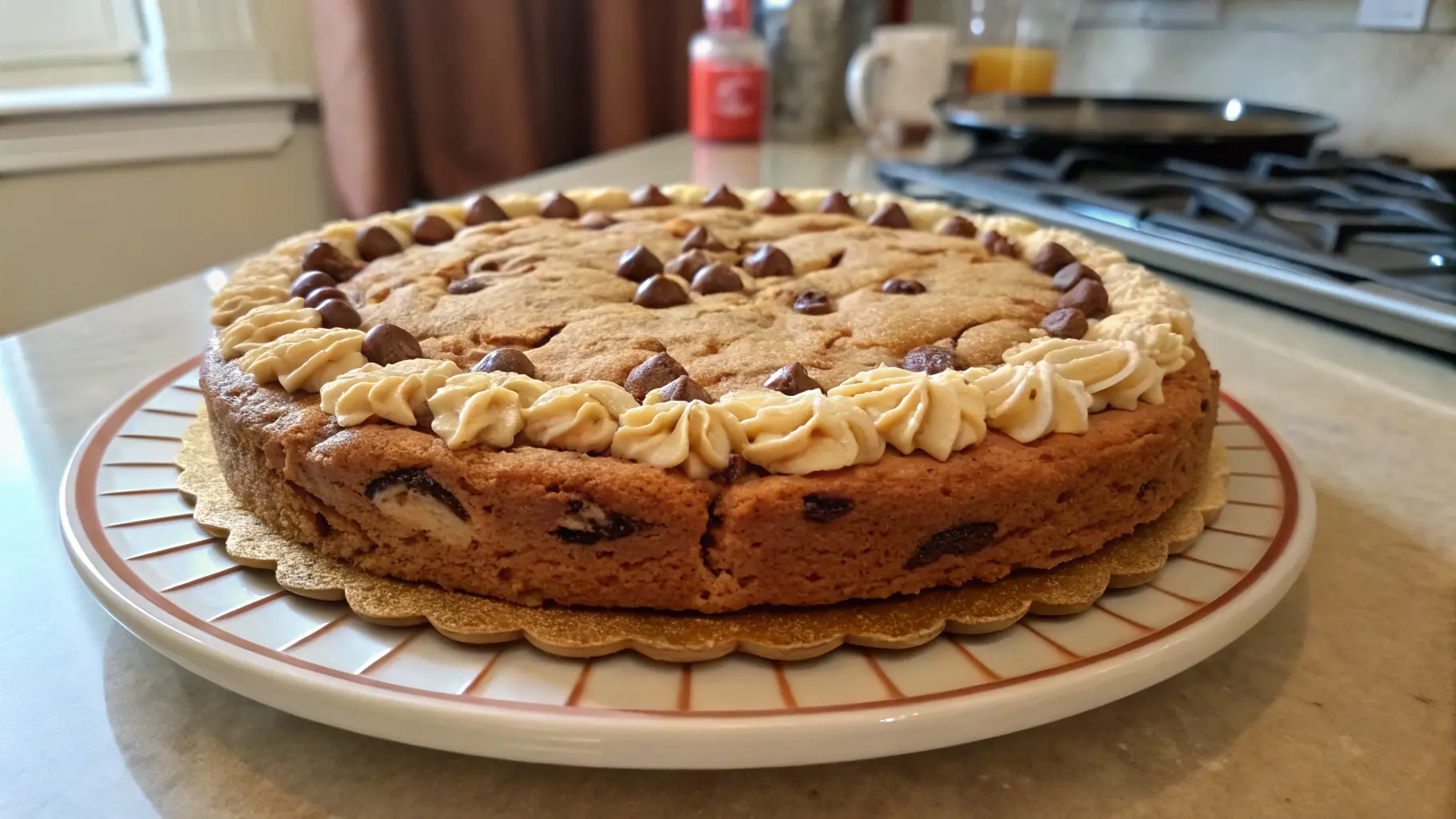 A homemade cookie cake with chocolate chips and a creamy frosting border, served on a decorative plate.